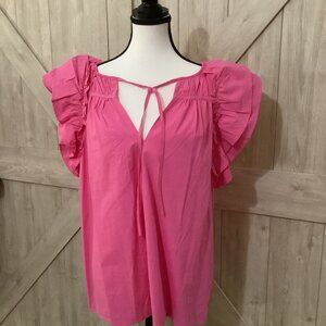 BiBi-CANDY PINK POPLIN FABRIC WITH LAYERED RUFFLE STATEMENT SLEEVES-SIZE-L